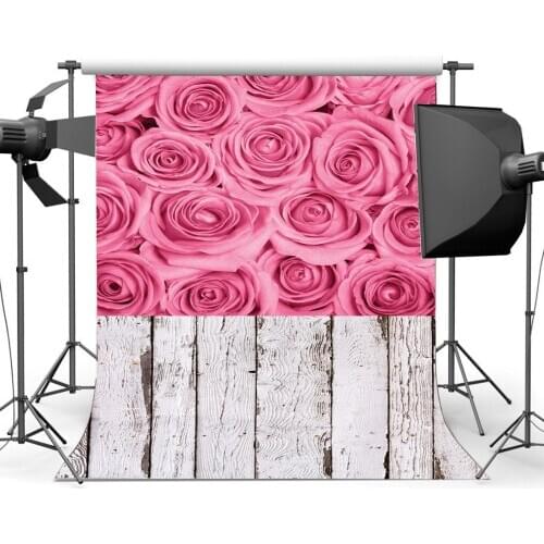 Blooming Pink Rose Flowers Backdrop Valentines Day Weathered Stripes Wood Floor Photography Background Party Decoration