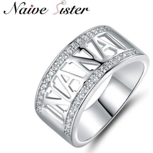 European Hot Sale Silver Color Letter NANA Ring for Women Female Bike Rings Mothers Grandma Christmas Gifts Jewelry Black CZ