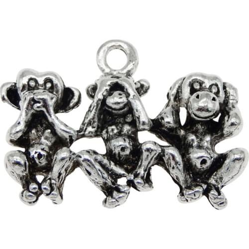 Julie Wang 10PCS Three Monkeys Charms Alloy Antique Silver Color Animal Earrings Bracelet Jewelry Making Pendant Metal Accessory
