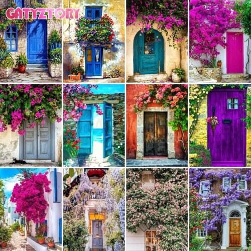 GATYZTORY 60x75cm Frame Paint By Numbers For Adults Kids Blue Door Landscape HandPainted Oil Painting Canvas Drawing Artwork Wa