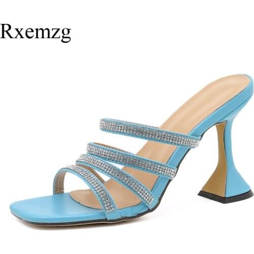 Rxemzg fashion glitter rhinestone narrow band sandals slides women shoes open toe stilettos high heels summer shoes woman party