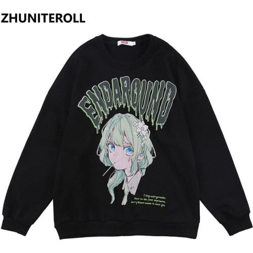 Harajuku 2021 Men Sweatshirt Anime Girl Embroidery Hip Hop Pullover Autumn Cotton Fashion Hoodie Streetwear Kawaii Clothing
