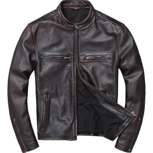 Factory 2020 New Men Vintage Red Motorcycle 100% Real Cowhide Rider Winter Russian Coat Free Shipping