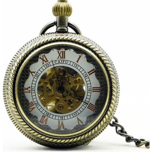 New Steampunk Bronze Copper Mechanical Pocket Watch Skeleton Chain Roman Numbers Vintage Pendant Watches with 37cm Chain Gifts