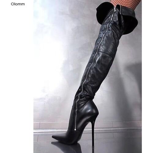 Olomm New Fashion Women Thigh High Boots Sexy Stiletto High Heel Boots Nice Pointed Toe Cool Black Shoes Women US Plus Size 5-15