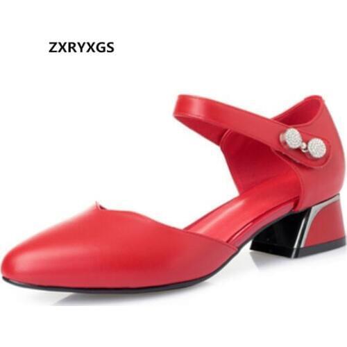 New Pointed Side Empty Genuine Leather Sandals Women Fashion Sandals Comfortable Thick Heel Shoes Woman Summer Sandals Big Size