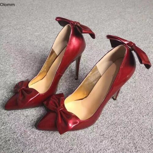 Olomm Women Pumps Sexy Thin High Heels Pumps Charm Butterfly Knot Pointed Toe Gorgeous Wine Red Party Shoes Women US Size 5-15