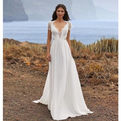 Beach Chiffon Wedding Dresses Cheap 2021 Short Cap Sleeve Lace Bridal Gowns White Ivory Button Sweep Train Summer Robe De Mariee