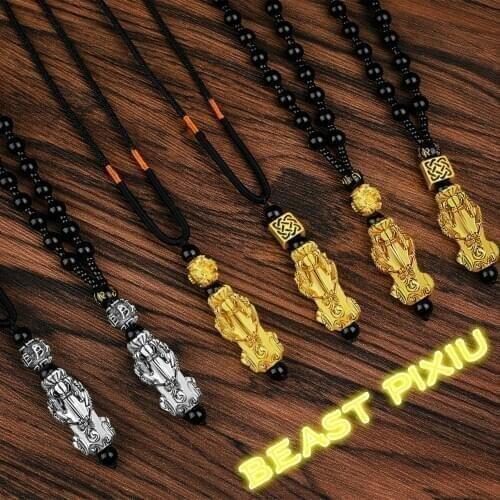 Imitation 99 Sand Gold Pixiu Pendant Imitation24K Gold Necklace Obsidian Bead Chain Color Preserving Six-character Mantra Amulet