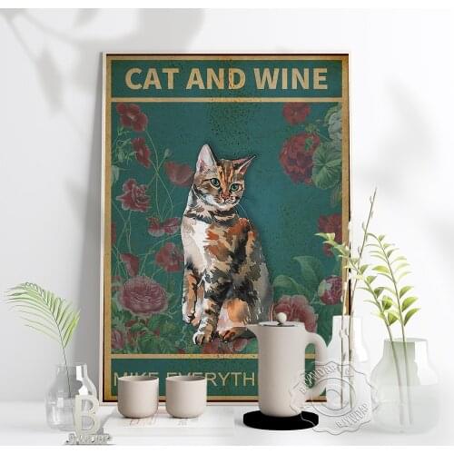 Cat And Wine Mike Everything Fine Retro Poster, Personalities Of Cats Wall Stickers, Nordic Style Amusing Home Kids Room Decor