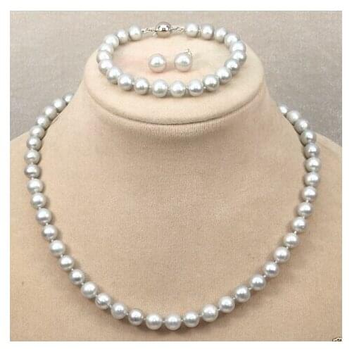 Fashion Natural 8-9mm Gray Freshwater Pearl Necklace Bracelet Earrings Set