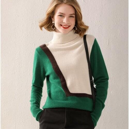 Womens pullover 2021 autumn/winter 100% wool sweater casual stitching turtleneck cashmere sweater plus size ladies top hot