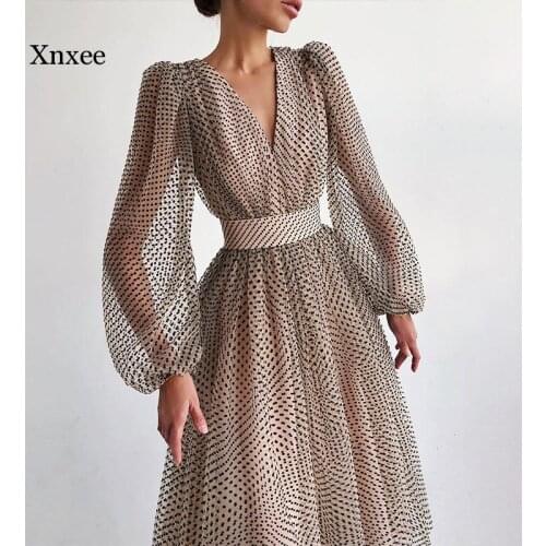 2021 Spring Evening Womens A-Line Dress Polka Dot V-Neck Mesh Puff Sleeve Female Midi-Length Dresses Elegant Party Lady Robe