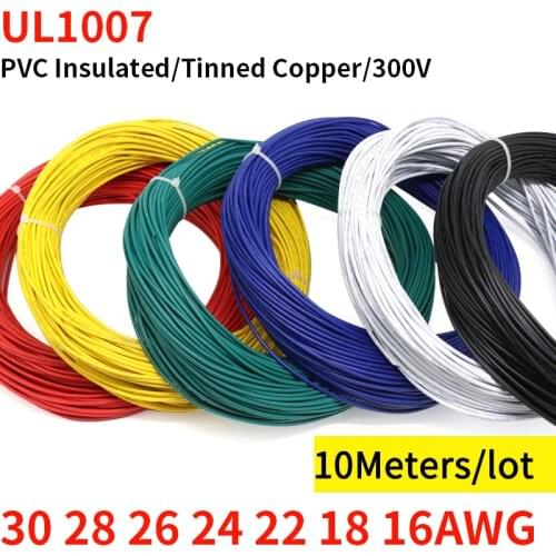 10M UL1007 PVC Tinned Copper Wire Cable 16/18/20/22/24/26/28/30 AWG White/Black/Red/Yellow/Green/Blue/Gray/Purple/Brown/Orange