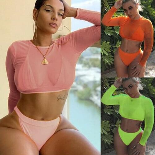 US 3PCS Fashion Womens Bikini+Cover Up Set Solid Style Push up Padded Swimwear Beach Swimsuit Bathing Suit Green Pink Orange