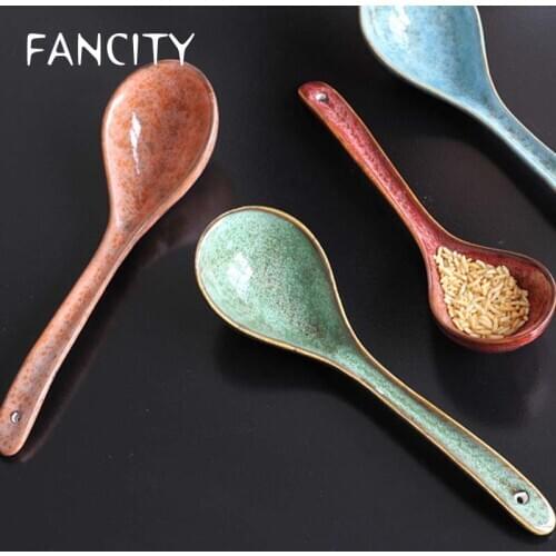 FANCITY Korean flower series kiln glaze large soup spoon household porcelain spoon long handle spoon