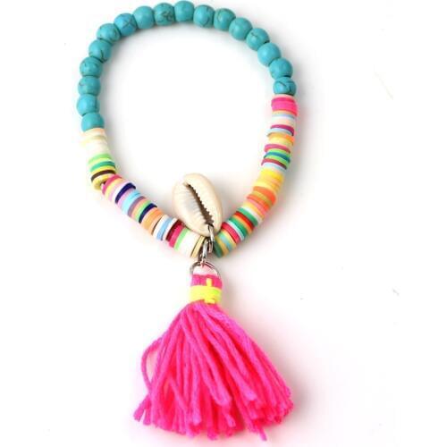 Bohemia Style Beach Sea Shell Bracelets Polymer Clay CCB Elastic Bead Tassel Bangles