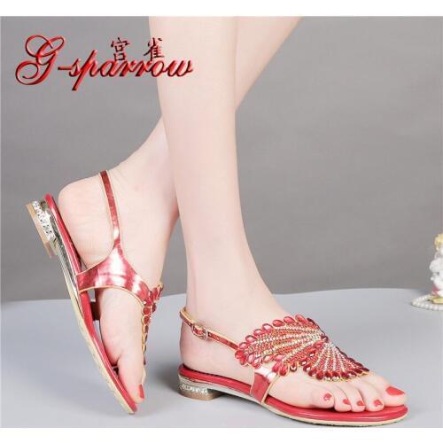 G-sparrow 2018 new Casual luxury rhinestone Flip Flops sandals Korean womens shoes red high quality