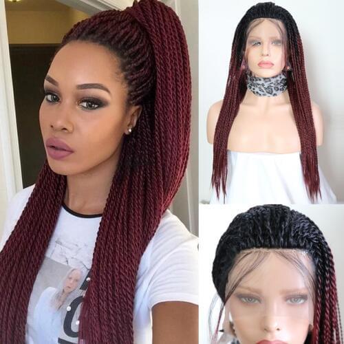 Charisma Ombre Burgundy Wigs 2X Twist Braids Braided Wig Synthetic Lace Front Wig for Black Women Cosplay Wigs