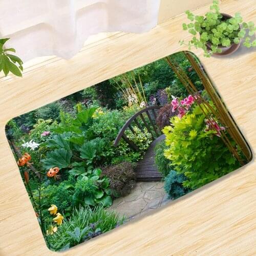 Garden Courtyard Bridge Green Plants Flowers Landscape Bath Mat Scenery Non-Slip Entrance Door Mat Door Mat Bathroom Rug Carpet
