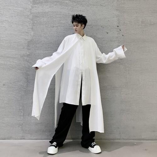 Men 2 Pieces Splice Casual Long Sleeve Shirts Male Streetwear Long Style Fashion Loose Dress Shirts Black White