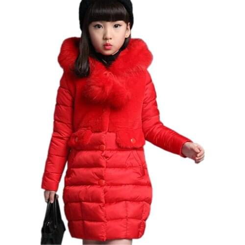 5-13 Years 2017 Thick Warm Fur Hooded Girls Winter Coat Solid Slim Child Winter Jacket For Girls Baby Kids Cotton Parka JW2573