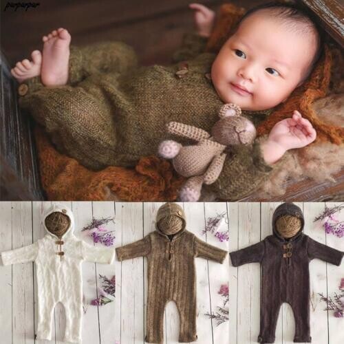 Newborn Photography Props Suit Romper with Hat Long Sleeve Jumpsuits Bodysuit Handmade Knit Outfit Clothing Infants Shower Gift