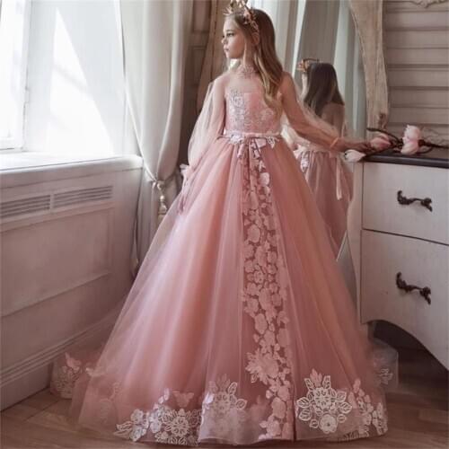 Pink Flower Girl Dresses For Wedding High Neck Lace Appliqued Rhinestone Kids Pageant Gowns Sweep Train Tulle Girls Prom Dress