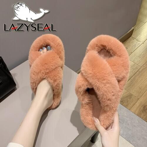 LazySeal Large Size 42 Cross Design Slippers Women Shoes Warm Winter Flip Flops Flat Heel Home Indoor Plush Womens Furry Shoes