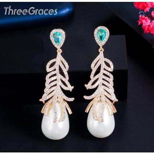 ThreeGraces Gorgeous Cubic Zirconia Wedding Party Jewelry Vintage Long Simulated Pearl Drop Dangle Earrings for Brides ER589