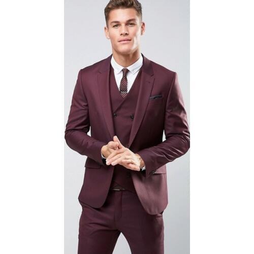 High Quality One Button Burgundy Groom Tuxedos Notch Lapel Groomsmen Mens Wedding Prom Suits (Jacket+Pants+Vest+Tie) NO:63
