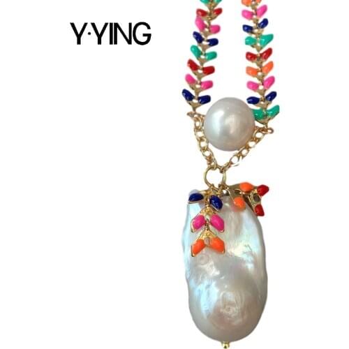 Y·YING natural Freshwater Cultured White Pearl Keshi Pearl pendant Multi Color Enamel chain choker Necklace 17" cute for women