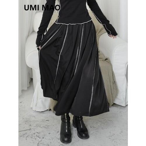 UMI MAO Japanese Retro Yoji Yamamoto Midi Long Skirt Dark Black Uma Wind Anti-bone Open Line Art Loose Black Skirt Female