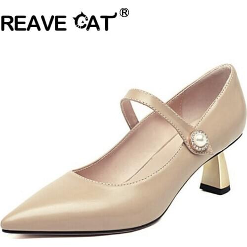 REAVE CAT New 2021 Women Pumps Pointed Toe 7.5cm Strange Heels Buckle Elegent Stylish Vintage Big Size 48 Date Casual A3832