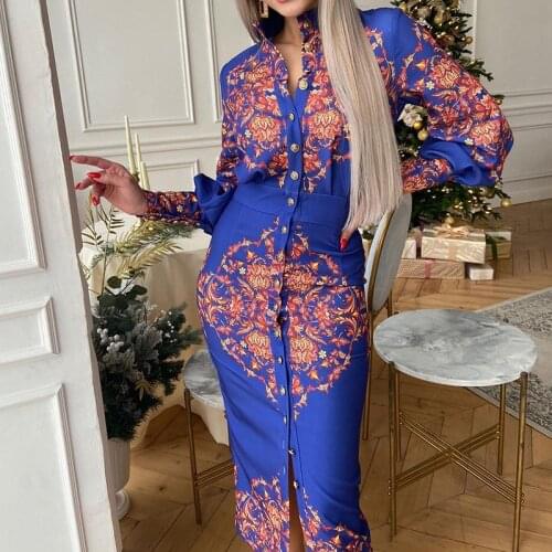 Women Stand Collar Printed Shirt Dress Spring Single-breasted Elegant Long Party Dress Summer Long Sleeve Office Slim Dresses XL