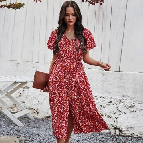 New Fashion Women Dress Vintage Maxi Floral Print High Waist Bohemian Sexy Summer Slim Casual Women Beach Dress Female