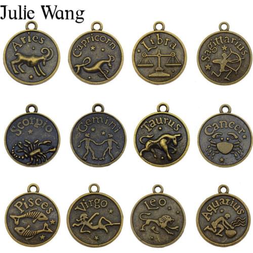 Julie Wang 12PCS Mixed 12 Constellations Zodiac Pattern Charms Antique Bronze Alloy Necklace Bracelet Jewelry Making Accessory