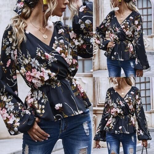 2021 Autumn Blouse Women Floral Blouse Shirt Women Lantern Sleeve Blouse Ladies Oversize V-neck Blouse For Women