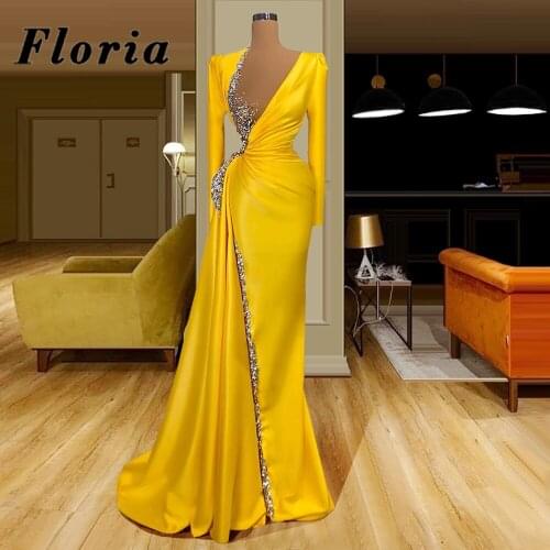 Yellow Beaded Party Dresses Satin Prom Dress For Saudi Arabia Mermaid One Shoulder Arabic Kaftans Evening Gowns Robe De Soiree