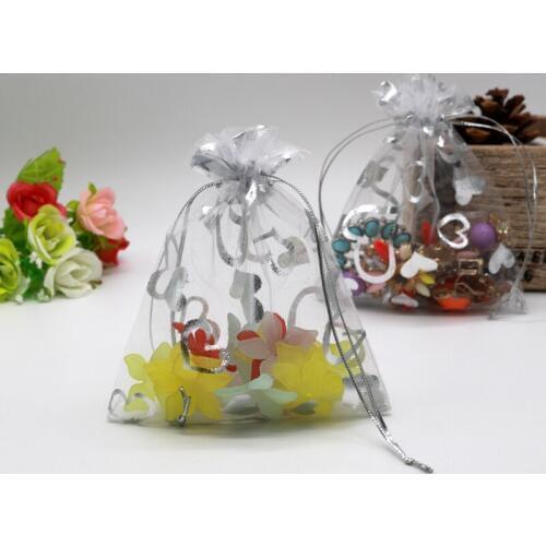 White with Silver Heart Printed Jewelry Organza Packaging Bags 9x12cm 100pcs/lot Necklace Bracelet Candy Gifts Storage Pouches