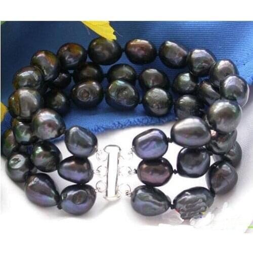 Unique Pearls jewellery Store 3row 13mm Black Baroque Freshwater Pearl Bracelet Fine Jewelry Charming Women Gift