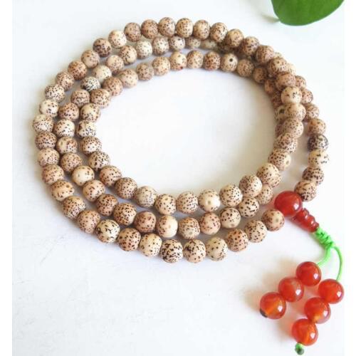 BRO835 Old Beige Yellow Star Moon Bodhi Meditation Prayer Mala Necklace with Red Carnelian Guru 108x8mm