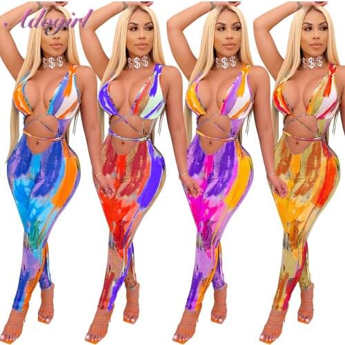 Women Summer Tie Dye Print Strapless Deep V Neck Jumpsuit Sexy Hollow Out Bandage Backless Party Club Rompers Outfit Overalls