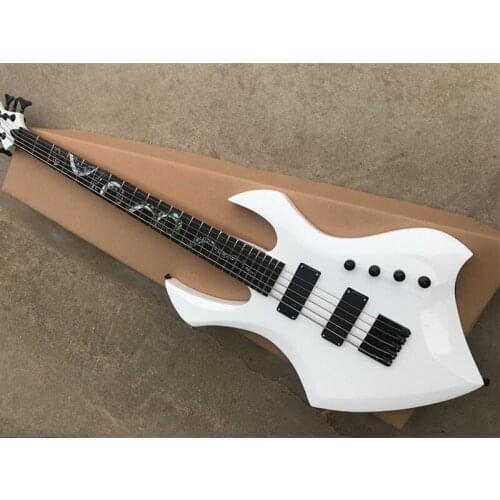 Electric guitar, bass guitar, white body, 5 string pearl snake design, black hardware, active pill, red sandalwood tuning fork