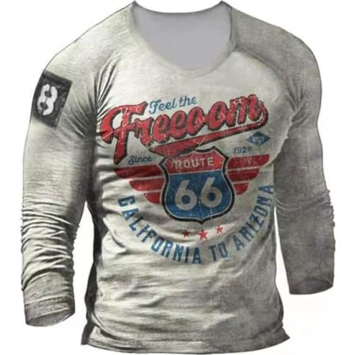 New Spring Autumn Men T-shirt 3D 66 Highway Print Hip Hop Long Leeve Tshirt Tees Tops Oversize T Shirts For Men Vintage Clothing