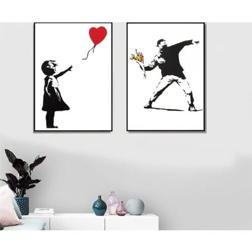 Banksy Graffiti Art Canvas Painting Girl With Red Balloon Painting Black and White Wall Art Poster Nordic Living Room Home Decor
