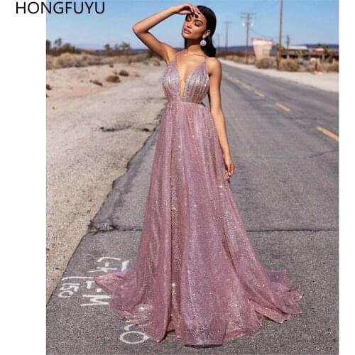 HONGFUYU Rose Gold Glitter A-Line Evening Dresses Backless Plunge Neck Sequined Formal Gowns robe de soirée Prom Party Dress