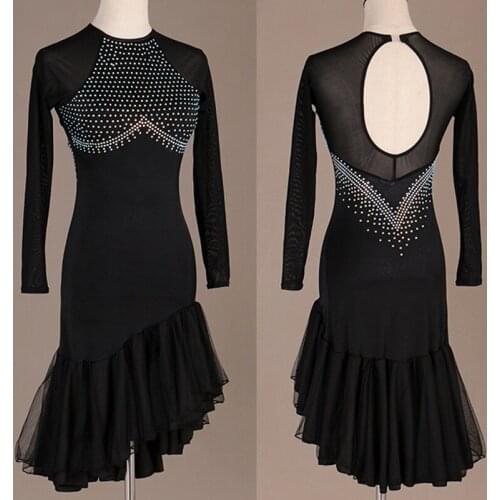 Latin Dance Dresses For Women Black Lace Round Collar Long Sleeve Dress Salsa Professional Stage Competitive Latin Dress VDB128