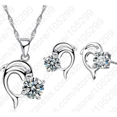 Trendy Dolphine Design Pendant 925 Sterling Silver Fine Jewelry Cubic Zircon Necklace Earring For Women Wedding Set Gifts