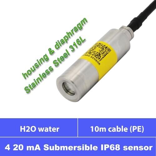 1m, 4m, 5m, 6m, 10m h2o water column, 10m PE cable, 4 20mA submersible pressure level transducer, full AISI 316L material, IP68